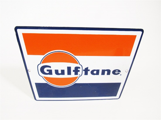 INTERESTING LATE 1950S-EARLY 60S GULF OIL GULFTANE PORCELAIN PUMP PLATE SIGN WITH PERIOD GULF LOGO.