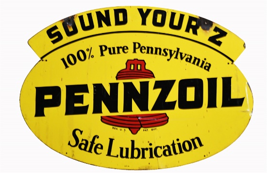 1960S PENNZOIL MOTOR OIL SOUND YOUR Z DOUBLE-SIDED DIE-CUT TIN GARAGE SIGN WITH BELL LOGO.