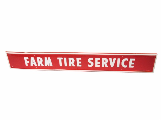 NOS CIRCA 1960S FIRESTONE FARM TIRE SERVICE SINGLE-SIDED SELF-FRAMED TIN SIGN.