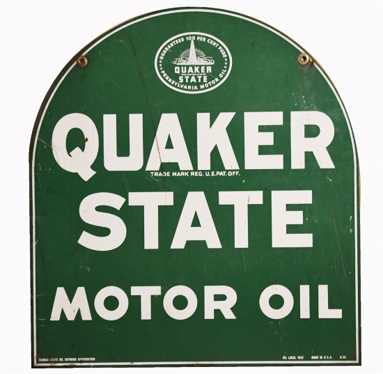 VINTAGE QUAKER STATE MOTOR OIL DOUBLE-SIDED DIE-CUT TIN AUTOMOTIVE GARAGE SIGN.
