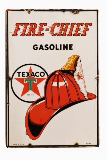 SHARP 1945 TEXACO FIRE CHIEF GASOLINE SINGLE-SIDED PORCELAIN SERVICE STATION SIGN WITH FIRE CHIEF HE