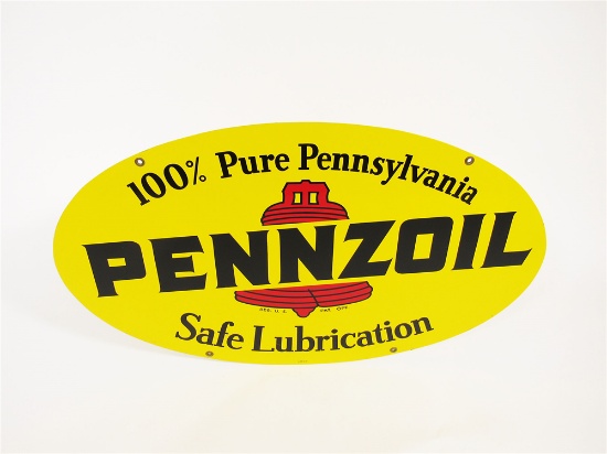 EXCELLENT NOS 1969 PENNZOIL SAFE LUBRICATION DOUBLE-SIDED DIE-CUT TIN SIGN WITH BELL LOGO.