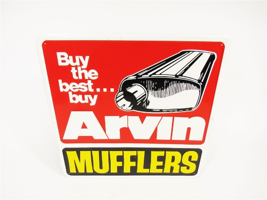 CIRCA LATE 1960S ARVIN MUFFLERS SINGLE-SIDED EMBOSSED TIN SERVICE STATION SIGN WITH PERIOD MUFFLER G