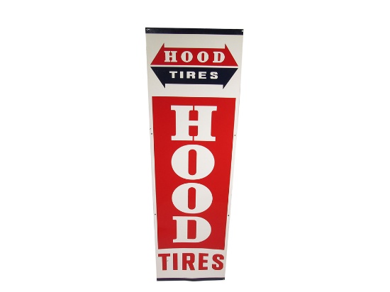 FANTASTIC CIRCA 1960S HOOD TIRES VERTICAL TIN SIGN WITH NICE COLORS.