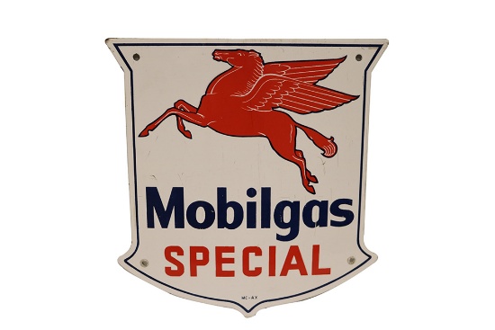 Desirable 1950s Mobilgas Special single-sided porcelain pump plate sign with Pegasus logo.