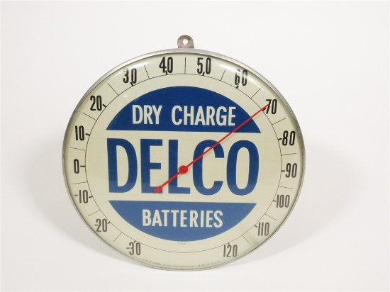 CHOICE LATE 1950S-EARLY 60S DELCO DRY CHARGE BATTERIES GLASS-FACED AUTOMOTIVE GARAGE DIAL THERMOMETE