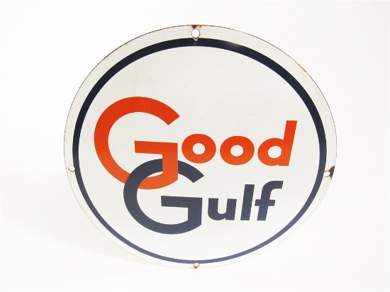 1950S GOOD GULF GASOLINE SINGLE-SIDED PORCELAIN PUMP PLATE SIGN.