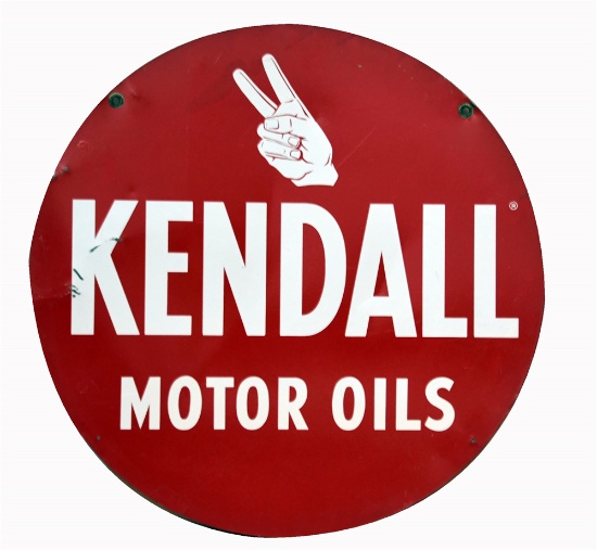 VINTAGE KENDALL MOTOR OILS DOUBLE-SIDED TIN SIGN WITH HAND/FINGER LOGO.