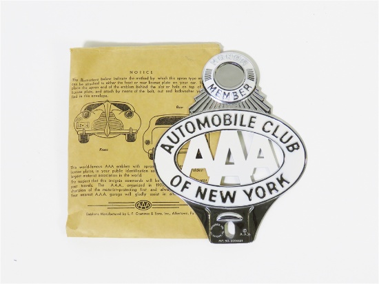 NOS 1940S AUTOMOBILE CLUB OF NEW YORK LICENSE PLATE ATTACHMENT SIGN STILL IN THE ORIGINAL SHIPPING P