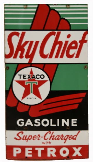 DESIRABLE AND UNCOMMON TEXACO SKY CHIEF GASOLINE WITH PETROX SINGLE-SIDED PORCELAIN SIGN (OVERSIZED 