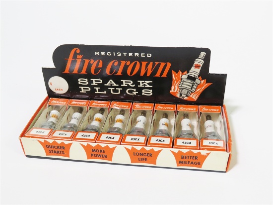 NOS EARLY 1960S FIRE CROWN SPARK PLUGS COUNTERTOP DISPLAY BOX STILL FULL OF NOS PLUGS.