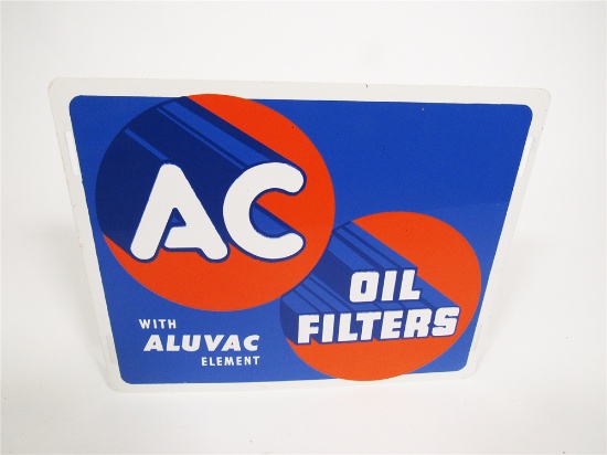 NOS late 1940s AC Oil Filters with Aluvac Element single-sided tin automotive garage sign.