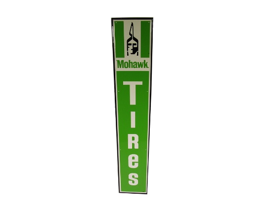GOOD-LOOKING NOS 1960S MOHAWK TIRES VERTICAL EMBOSSED TIN SERVICE STATION SIGN WITH NATIVE AMERICAN 
