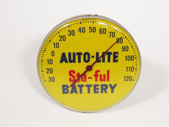 LATE 1950S-EARLY 60S AUTO-LITE STA-FUL BATTERY GLASS-FACED AUTOMOTIVE GARAGE DIAL THERMOMETER.