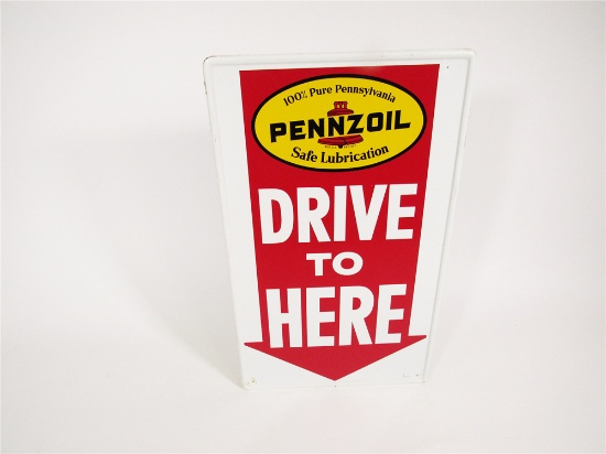 1968 PENNZOIL DRIVE TO HERE SINGLE-SIDED SELF-FRAMED TIN AUTOMOTIVE GARAGE SIGN WITH ARROW LOGO.