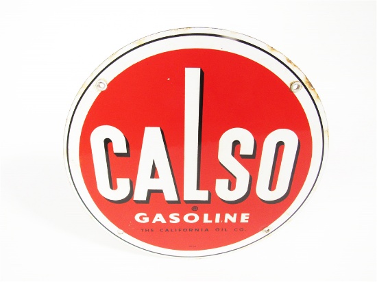 NIFTY CIRCA 1940S-50S CASO GASOLINE CALIFORNIA STANDARD OIL SINGLE-SIDED PORCELAIN PUMP PLATE SIGN.