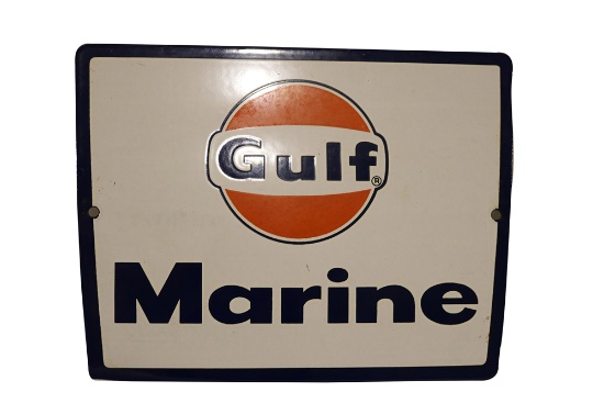 Hard to find late 1950s-early 60s Gulf Oil Marine Gasoline porcelain pump plate sign with period Gul