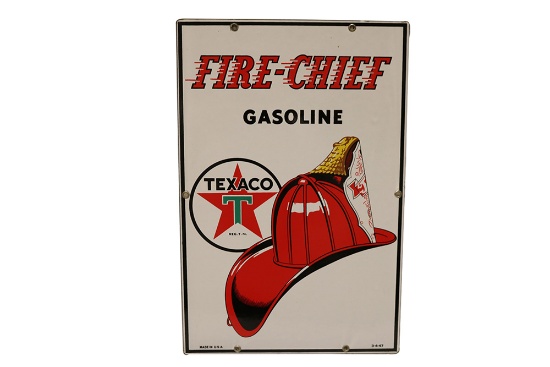 Striking NOS 1947 Texaco Fire-Chief Gasoline porcelain pump plate sign with Fire Chief Helmet logo.