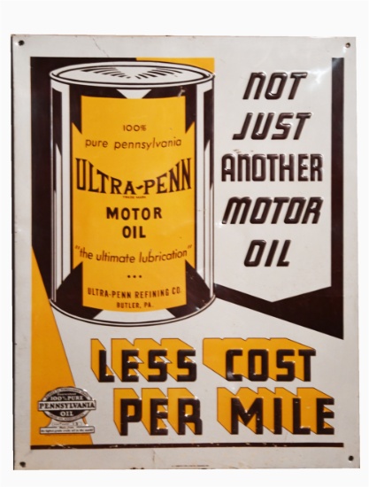 UNCOMMON 1930S ULTRA-PENN MOTOR OIL SINGLE-SIDED TIN SIGN WITH PERIOD 100% PURE PENNSYLVANIA MOTOR O