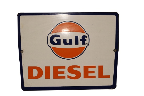 Scarce late 1950s-early Gulf  Oil Diesel porcelain pump plate sign with period Gulf logo.