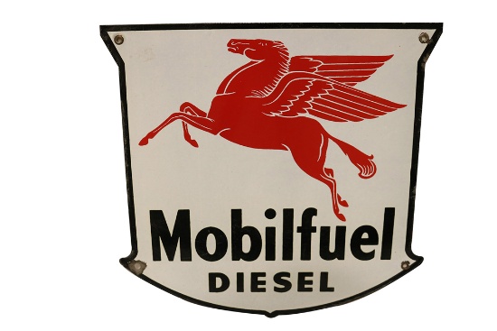 Scarce Mobilfuel Diesel single-sided die-cut shield porcelain pump plate sign with Pegasus logo. Int