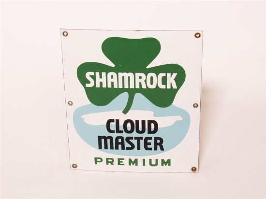 DESIRABLE 1950S SHAMROCK CLOUD MASTER PREMIUM GASOLINE PORCELAIN PUMP PLATE SIGN WITH NICE GRAPHICS.