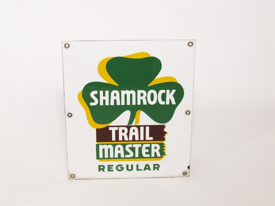 SHARP 1950S SHAMROCK CLOUD MASTER PREMIUM GASOLINE PORCELAIN PUMP PLATE SIGN WITH NICE GRAPHICS.