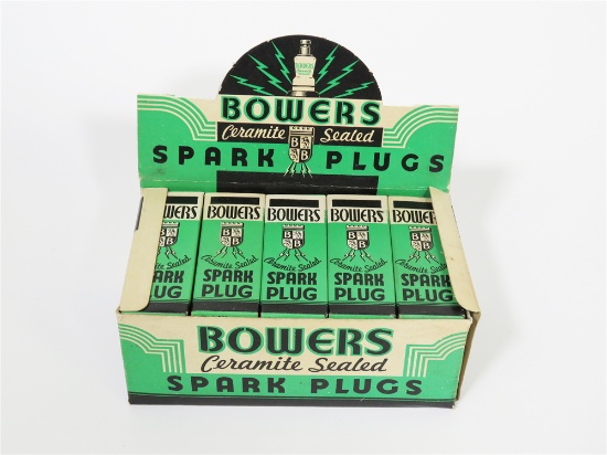 IMPRESSIVE 1930S BOWERS CERAMITE SEALED SPARK PLUGS COUNTERTOP DISPLAY BOX STILL FULL OF NOS PLUGS.