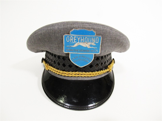 IMPRESSIVE CIRCA 1940S-50S GREYHOUND BUS LINES DRIVERS HAT WITH ORIGINAL METAL EMBOSSED HAT BADGE AT