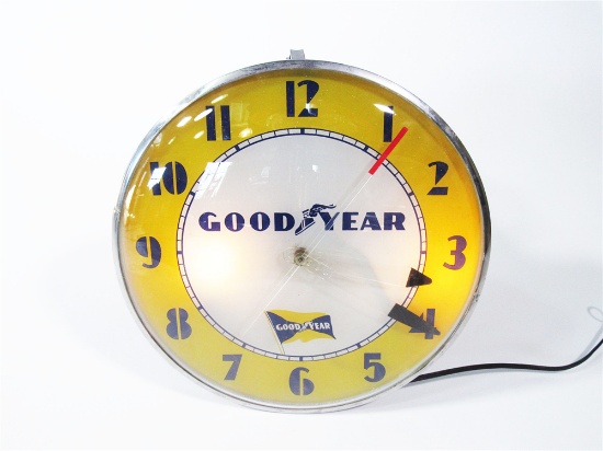 1950S GOODYEAR TIRES GLASS-FACED LIGHT-UP STATION CLOCK.