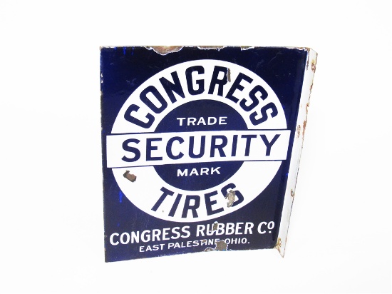 CIRCA LATE 1920S-EARLY 30S CONGRESS SECURITY TIRES PORCELAIN AUTOMOTIVE GARAGE FLANGE SIGN