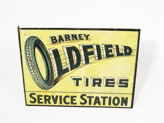 EARLY 1920S BARNEY OLDFIELD TIRES TIN LITHO FLANGE SIGN