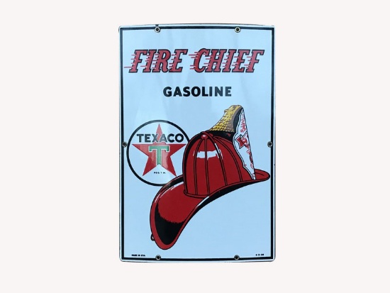 1960S TEXACO OIL FIRE CHIEF GASOLINE PORCELAIN PUMP-PLATE SIGN
