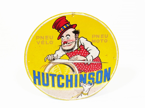 1930S HUTCHINSON OF PARIS BICYCLE AND MOTORCYCLE TIRES TIN SIGN