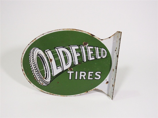 EARLY 1930S OLDFIELD TIRES PORCELAIN AUTOMOTIVE GARAGE FLANGE SIGN