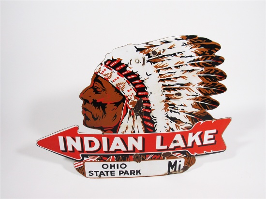 1930S INDIAN LAKE OHIO STATE PARK PORCELAIN MILEAGE-ARROW SIGN