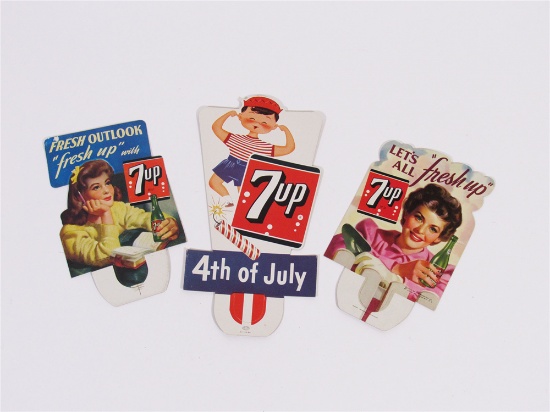 THREE 1943-54 7UP SODA CARDBOARD STORE DISPLAY BOTTLE-TOPPERS