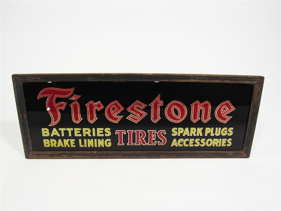 1930S FIRESTONE TIRES REVERSE-PAINTED GLASS AUTOMOTIVE GARAGE SIGN