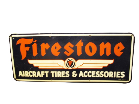 1946 FIRESTONE AIRCRAFT TIRES AND ACCESSORIES TIN AIRPORT HANGAR SIGN