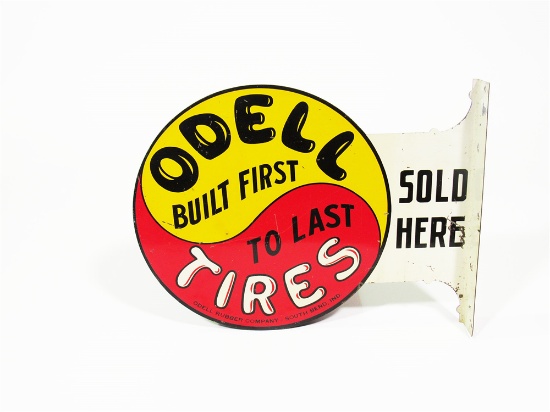 CIRCA LATE 1920S-EARLY 30S ODELL TIRES TIN AUTOMOTIVE GARAGE FLANGE SIGN