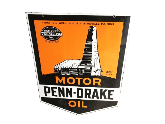 HIGHLY PRIZED 1930S PENN-DRAKE MOTOR OIL PORCELAIN FILLING STATION SIGN