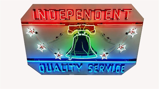 1940S INDEPENDENT GASOLINE QUALITY SERVICE PORCELAIN SERVICE STATION SIGN WITH ANIMATED NEON