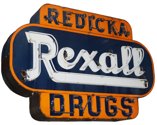 CIRCA 1940S-50S REXALL DRUGS DOUBLE-SIDED NEON PORCELAIN STORE SIGN