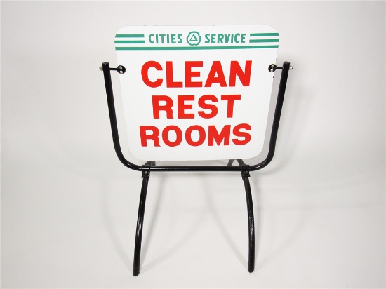 CIRCA 1950S CITIES CLEAN REST ROOMS PORCELAIN SERVICE STATION CURB SIGN