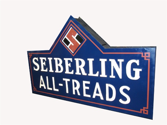 EARLY 1930S SEIBERLING ALL-TREADS TIN PAINTED AUTOMOTIVE GARAGE SIGN