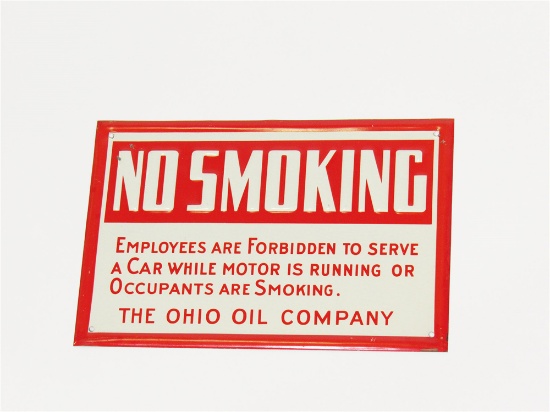 1940S OHIO OIL COMPANY NO SMOKING EMBOSSED TIN SERVICE STATION FUEL ISLAND SIGN