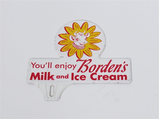 1940S BORDENS MILK AND ICE CREAM TIN LICENSE PLATE ATTACHMENT SIGN