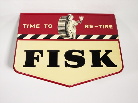 PRISTINE 1949 FISK TIRES EMBOSSED TIN AUTOMOTIVE GARAGE SIGN