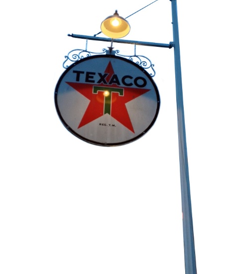 1966 TEXACO OIL DOUBLE-SIDED PORCELAIN SERVICE STATION SIGN WITH HANGER.