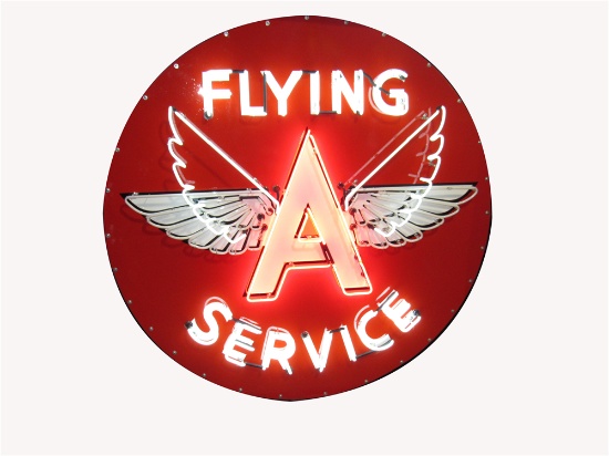 1940S-50S FLYING A SERVICE PORCELAIN WITH ANIMATED NEON GAS STATION SIGN